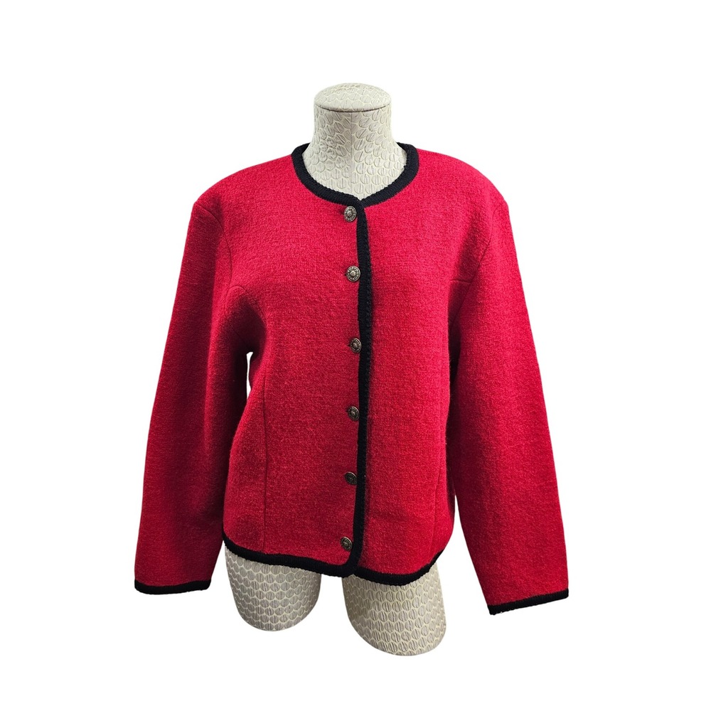 Casual Corner M Boiled Wool Blazer‎ Jacket Cardigan Red Black Trim VINTAGE EUC